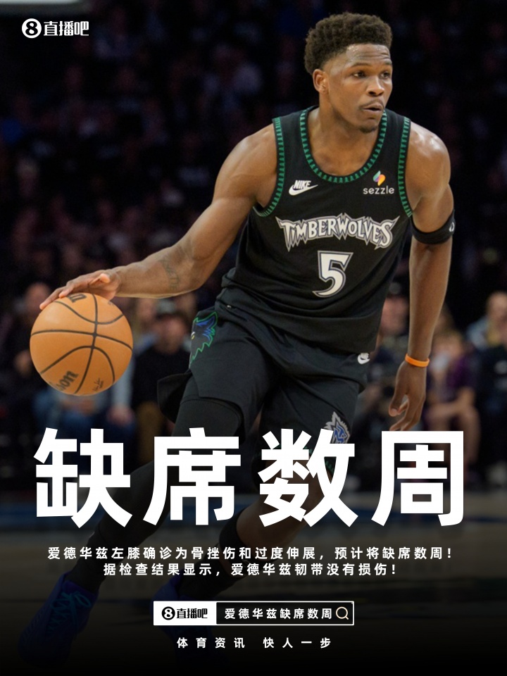 博鱼体育官方网站-Shams：爱德华兹左膝骨挫伤&amp;过度伸展将缺席数周！但韧带无损伤！